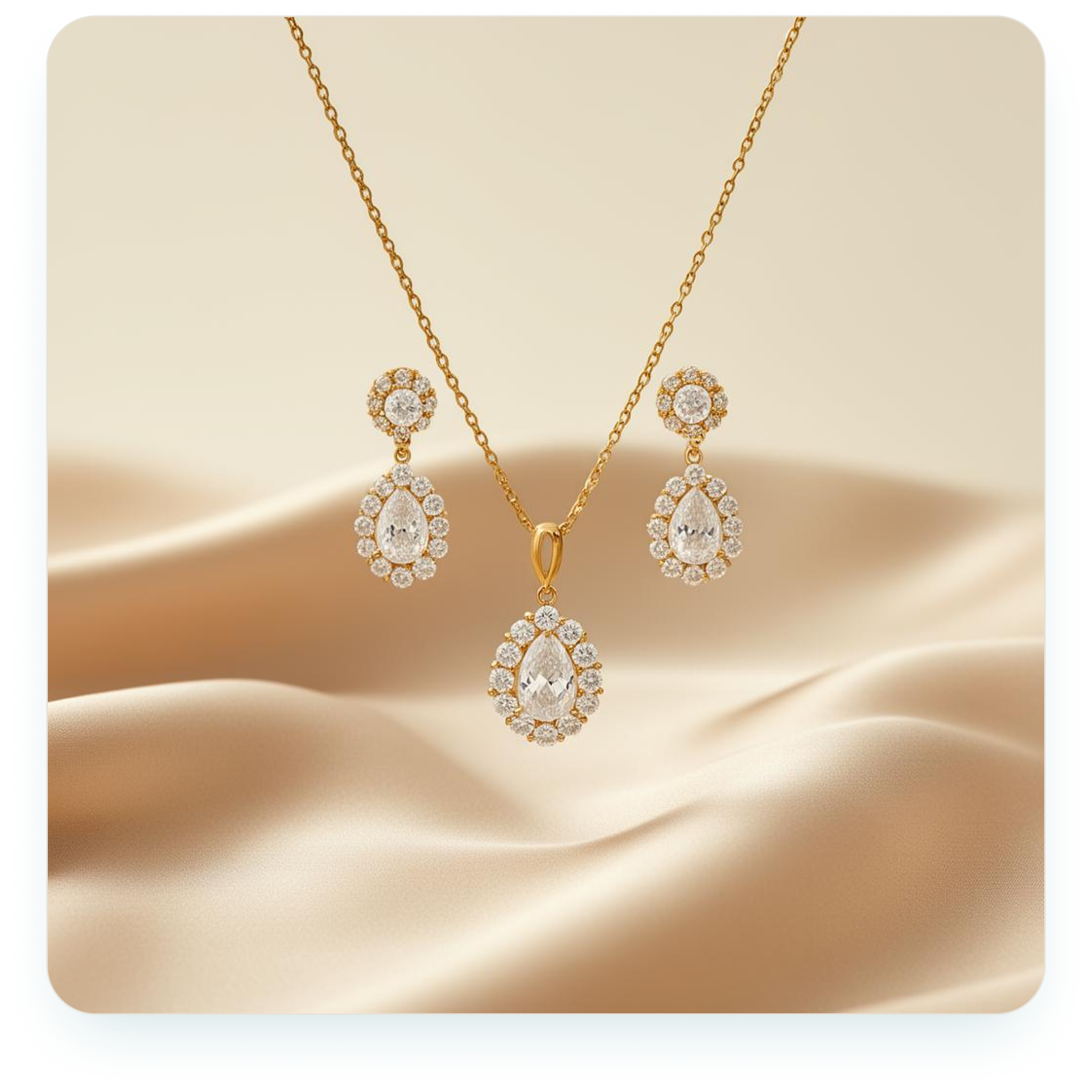 Luxury yellow gold and diamond necklace and earring set on champagne satin