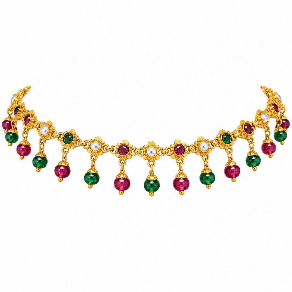 Traditional Floral Motif Gemstone & Pearl Drop Gold Necklace)