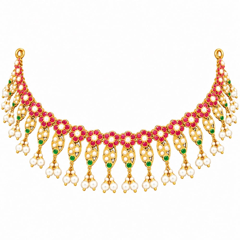 Floral Pearl-Drop Gold Necklace