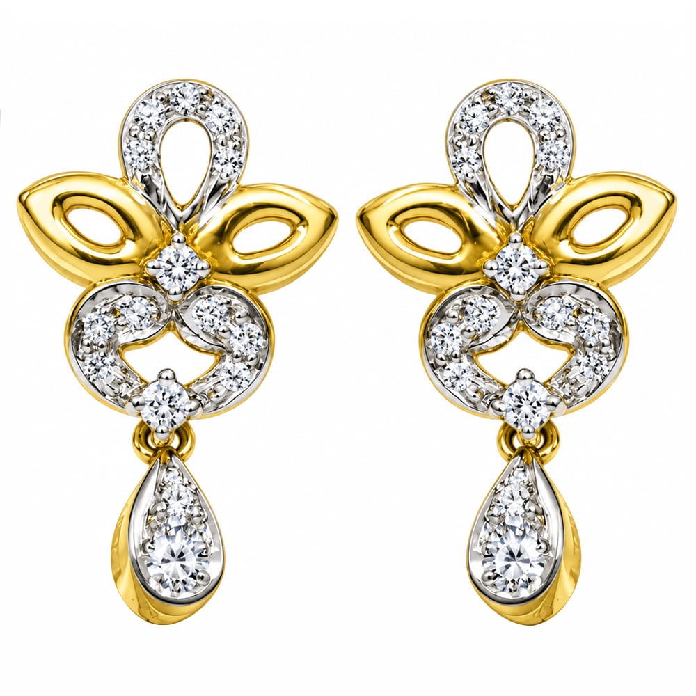 Elegant Floral Sparkle Two-Tone Diamond Drop Earrings