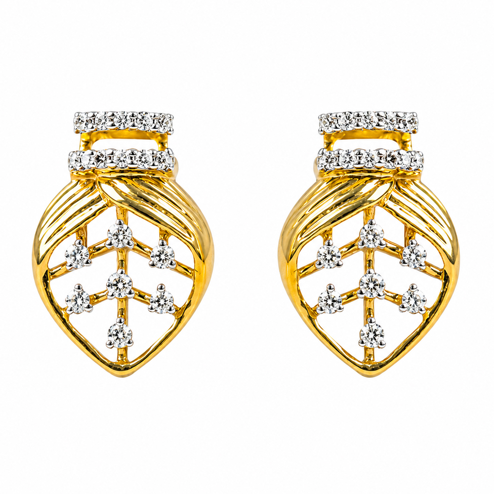 Diamond Leaf-Pattern Gold Earrings