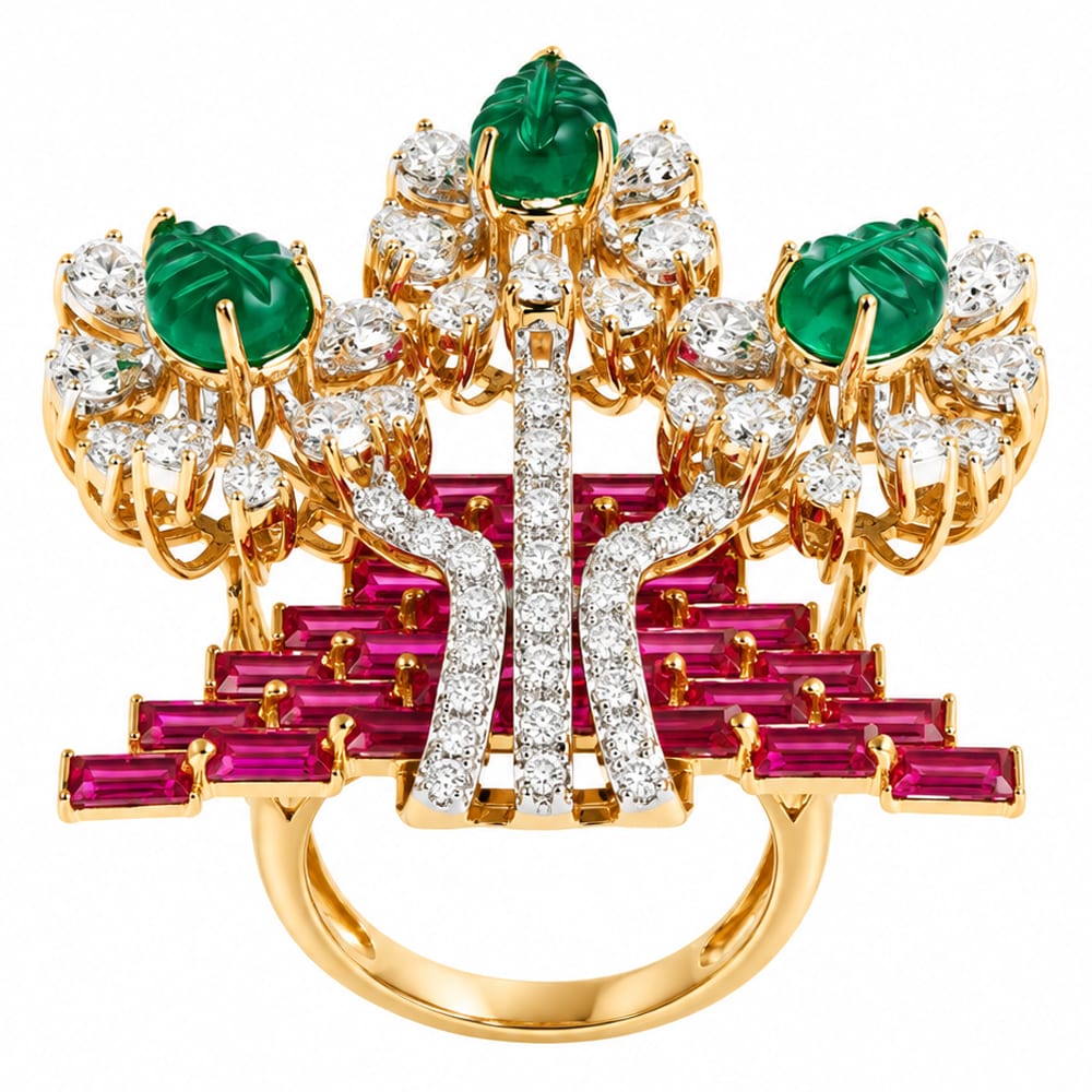 Opulent Carved Emerald & Ruby Cocktail Ring