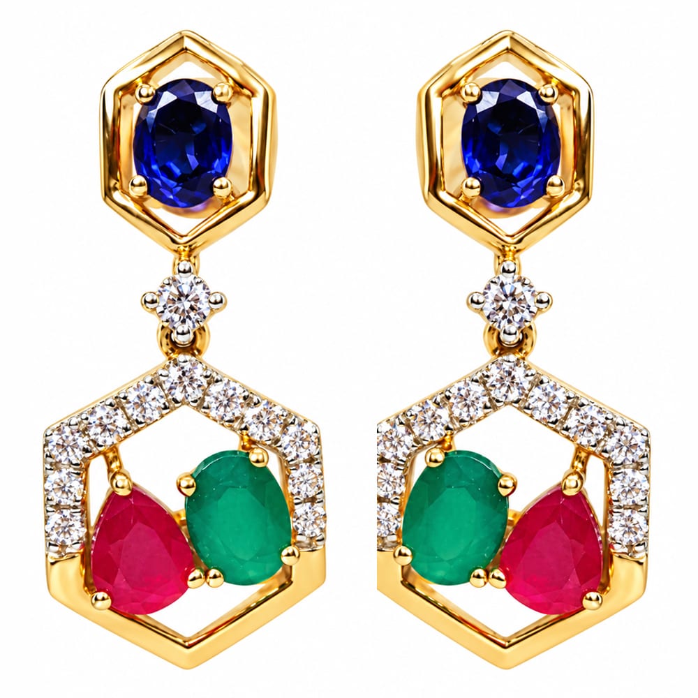Royal Hexagon Multicolor Gemstone Diamond Drop Earrings