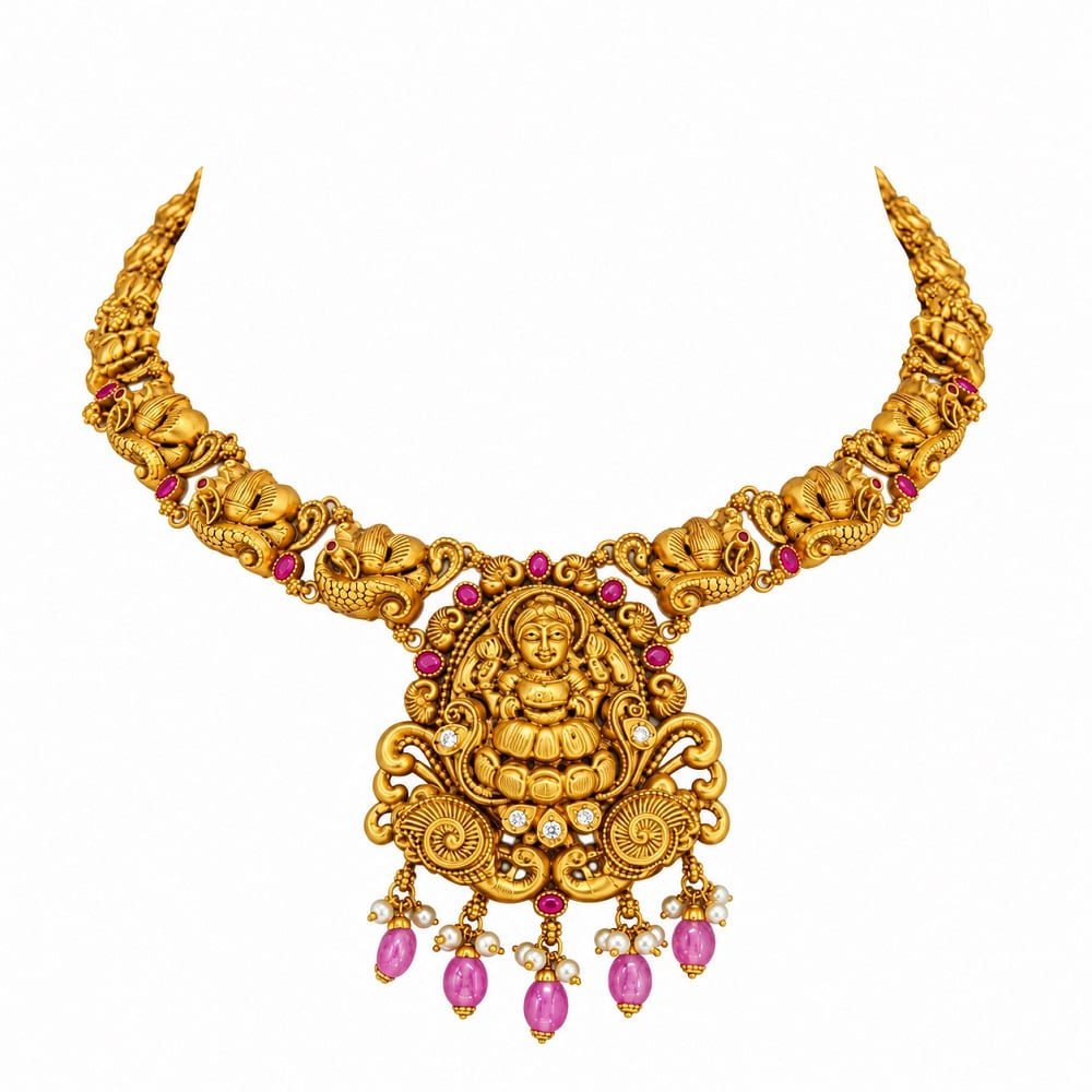 Lakshmi Temple Gold Necklace with Pink Stone Drops