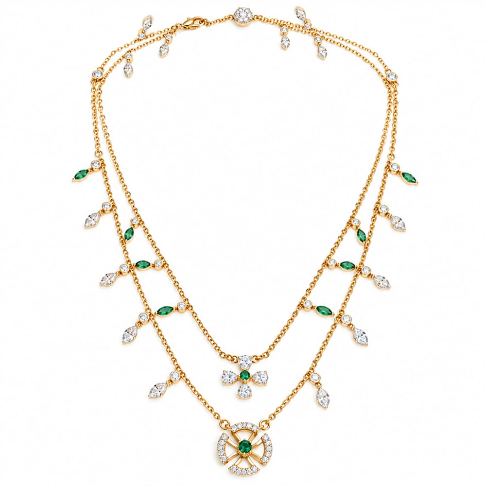 Emerald Bloom Double Layer Diamond Necklace