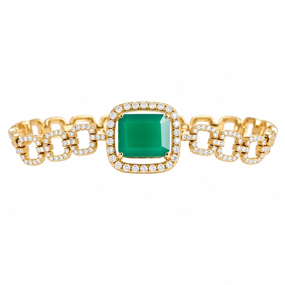 Gold Emerald-Cut Green Stone & Diamond Bracelet