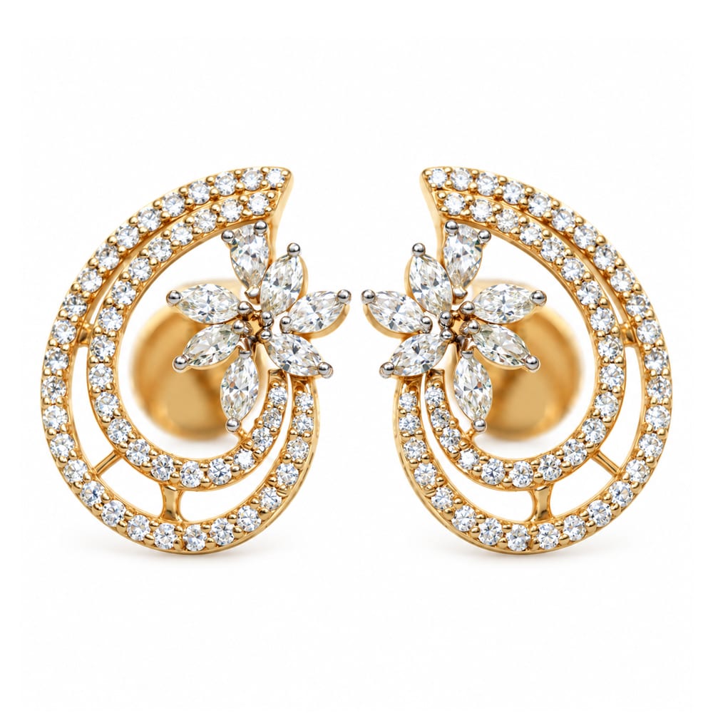 Stylish Royal Floral Swirl Diamond Earrings