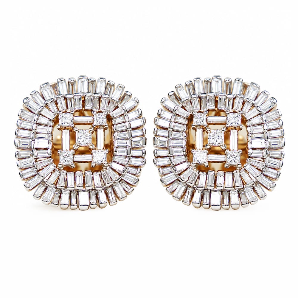 Luxurious Royal Radiant Baguette Diamond Cluster Stud Earrings