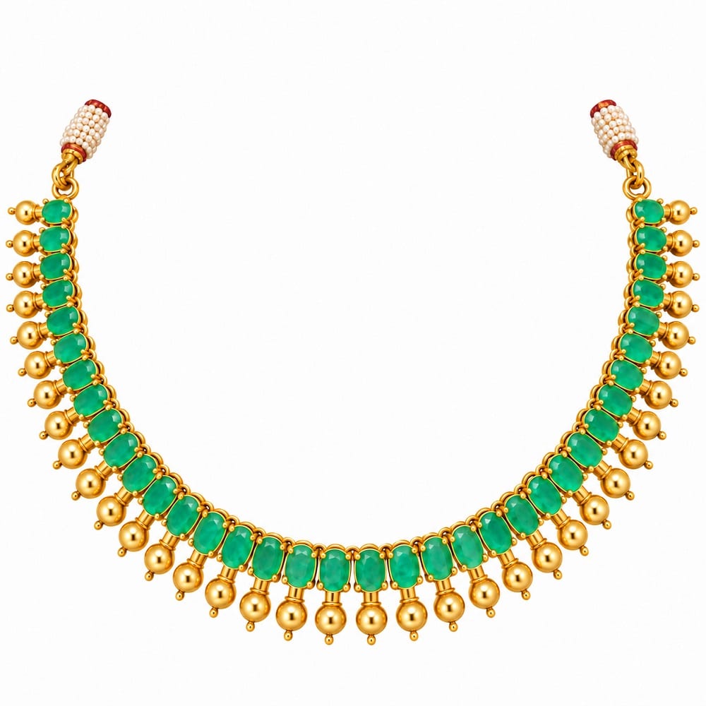 Royal Hyderabadi Green Stone Necklace with Gold Drops