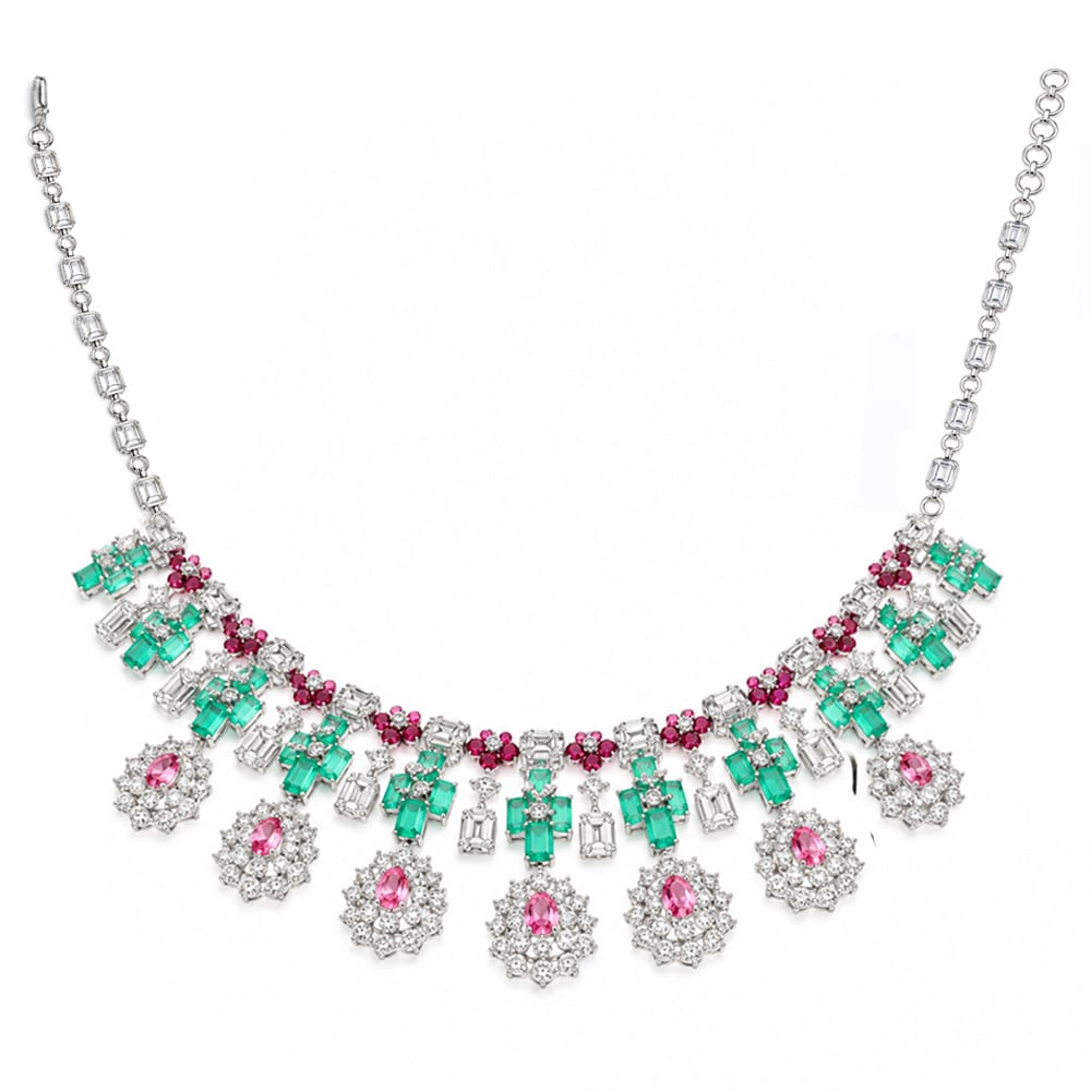 Emerald & Pink Blossom Diamond Necklace
